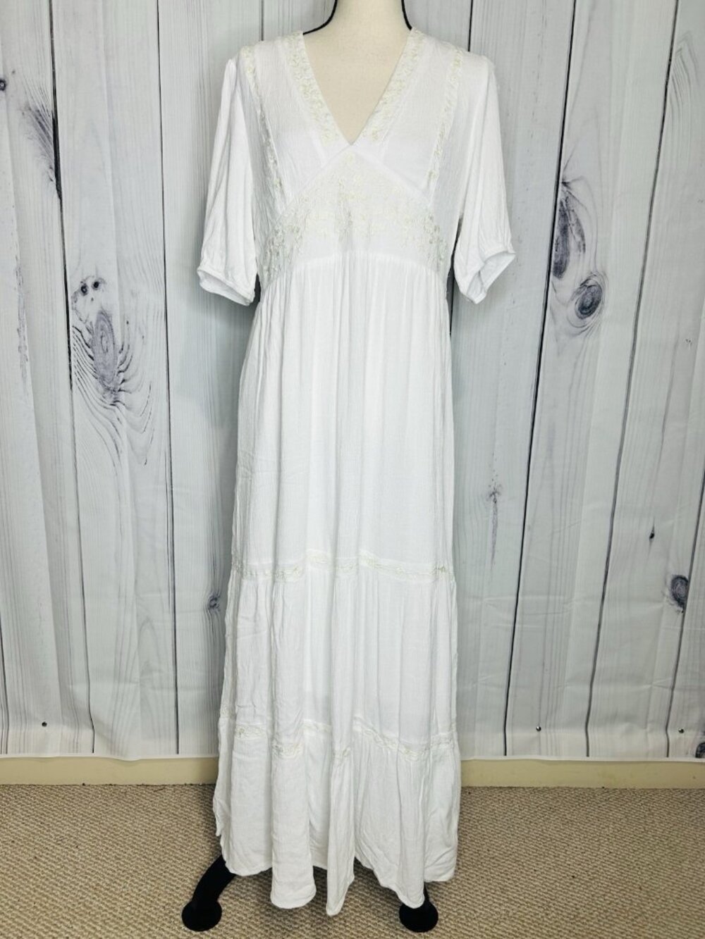 Bella Ella Maxi Dress Womens Tiered Sz XL Romantic Yellow Embroidery Gauzy